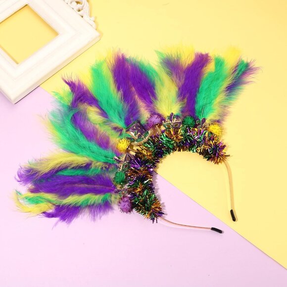 Mardi Gras Headband Women Feather Sparkly Tinsel Festive Parade Accessory - Picture 8 of 9